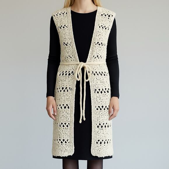 Handmade Crochet Sleeveless Cardigan Vest Ivory Tie Waist – One Size Boho Layer - Picture 1 of 8